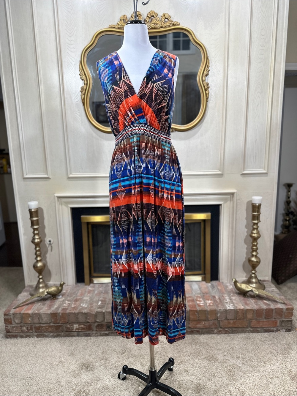 Neiman Marcus Dress M Embroidered Ikat Maxi Desert Chic Southwestern